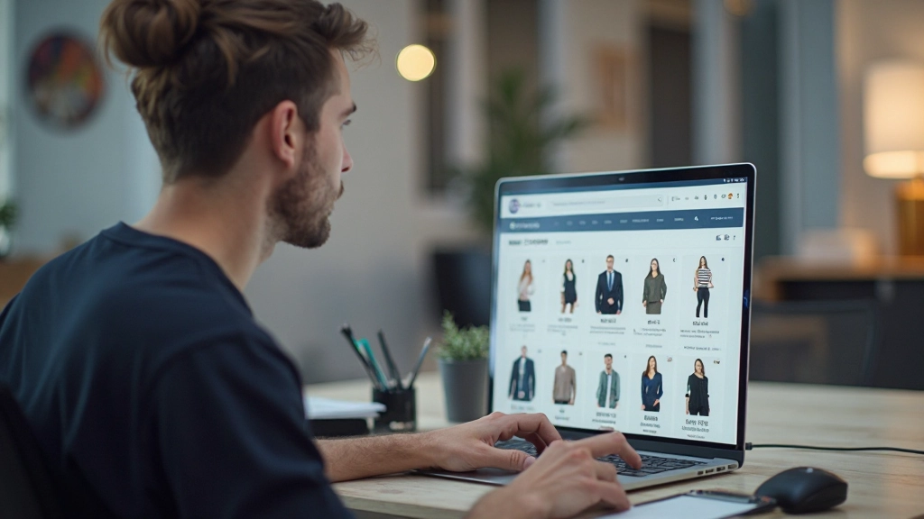 Interface de website de e-commerce profissional em tela de laptop com carrinho de compras e exibição de produtos